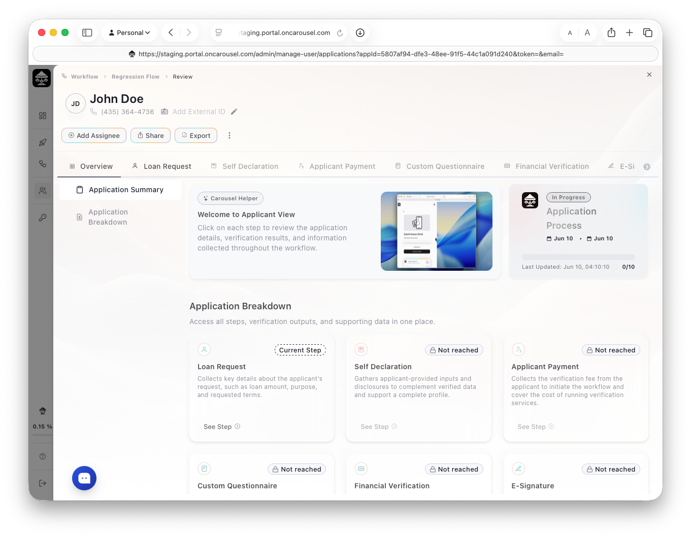Carousel Portal — application review view with the application summary and breakdown