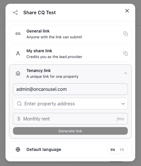 Carousel Portal — Share workflow modal