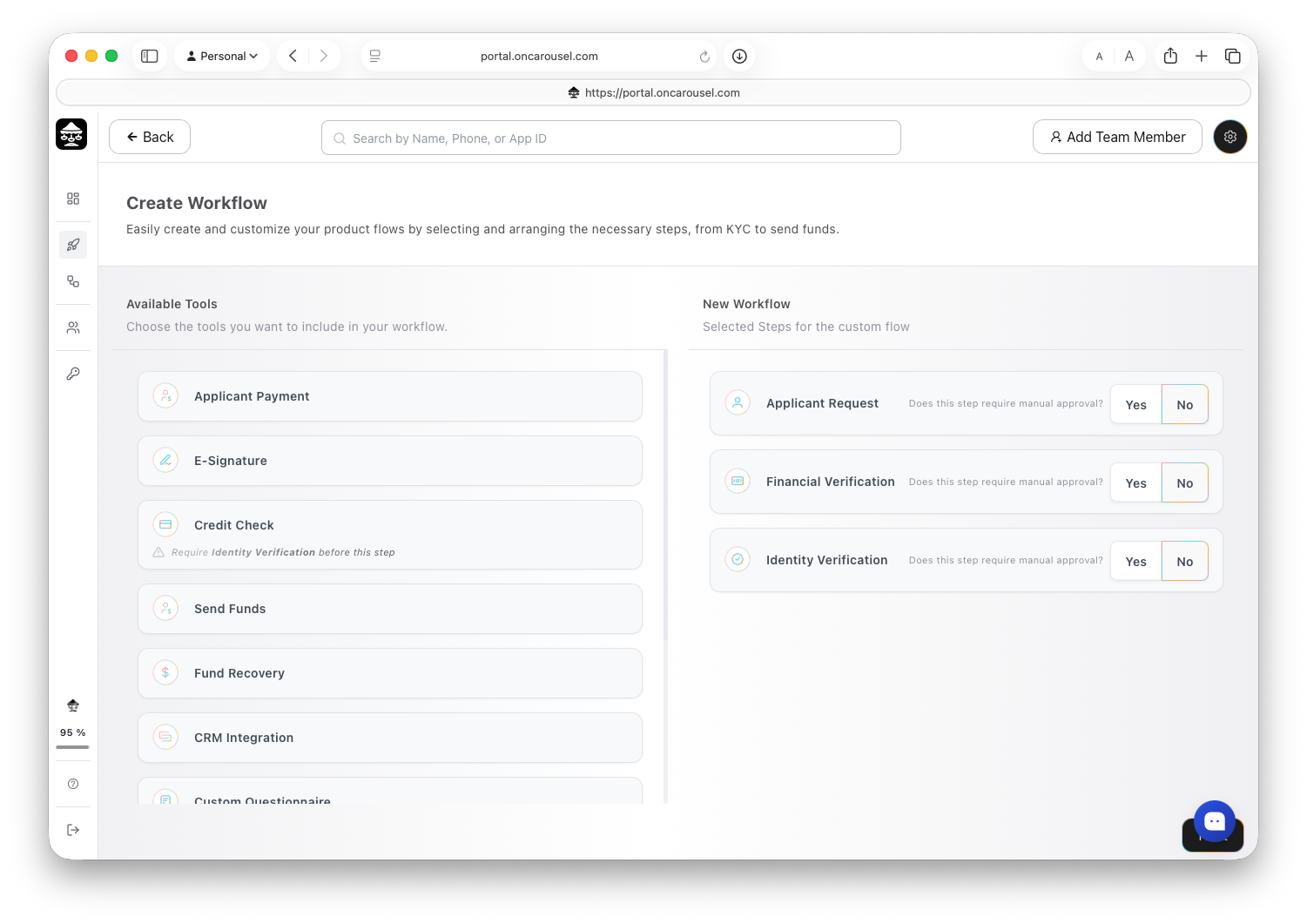 Carousel Portal — Create Workflow builder with available tools and selected steps